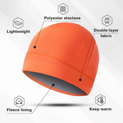 2 Pack Thermal Skull Caps for Men Women Wind-Resistant Fleece Beanie Hats Cold Weather Helmet Liners for Cycling - color: Black+orange