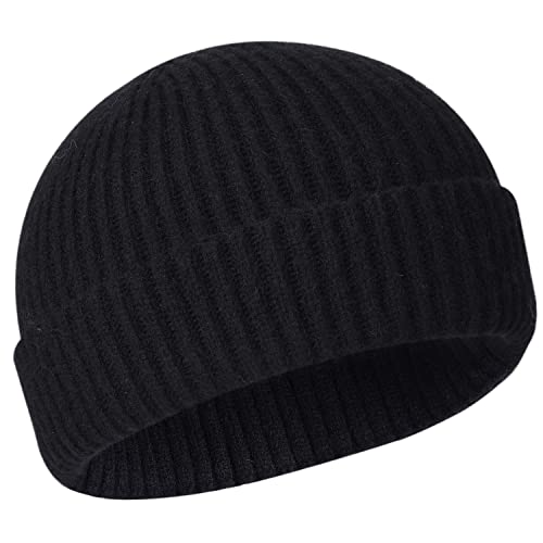 50% Wool Knit Short Fisherman Beanie for Men Women Warm Winter Hat - color: #1black
