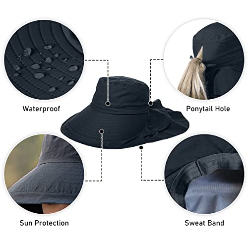 Womens Sun Hat UPF 50+ Wide Brim and Ponytail Hole, Hiking Safari Hat with Neck Flap… - color: Black