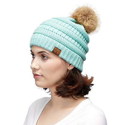 C.C Fur Pom Winter Fall Trendy Chunky Stretchy Cable Knit Beanie Hat - color: Solid Mint