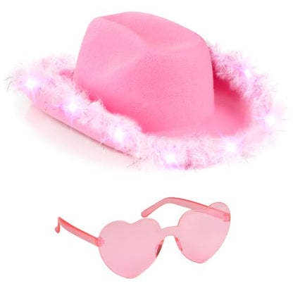 Funcredible Light Up Cowboy Hat and Glasses – LED Cowgirl Hat with Feathers – Cowgirl Costume Accessories for Women - color: Pink