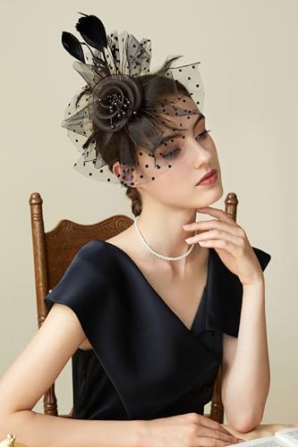 BABEYOND Fascinators Hats for Women Tea Party Flower Tulle Bead Derby Hat - color: Dusty Black