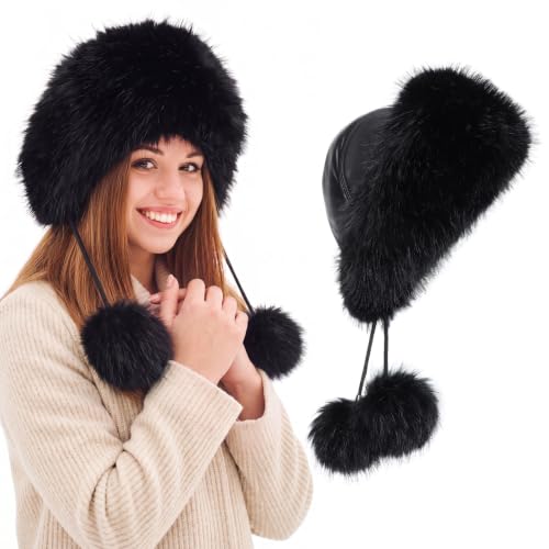 Twistover Women Fur Winter Russian Trapper Hat & Pompoms, Black Ushanka Hat