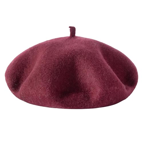 Lanzom Wool Blend Women Beret Hat French Beret Cap Winter Fashion Solid Color Hat for Women Girls Lady - color: Wine Red