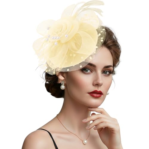 DRESHOW Fascinators Hats for Women Tea Party Hat Vintage Derby Pillbox Kentucky Hat Church Cocktail Headwear - color: 1 Pack Flower Feathers: Beige
