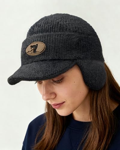 CLAPE Cozy Head Beanies with Brim, Small Billed Beanie for Cold Weather Mens Winter Warm Knit Hat with Ear Flaps - color: Kh25d18-black
