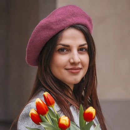 Gllutt Women Wool Beret Hat French Style Solid Color - color: Cyclamen Pink Purple