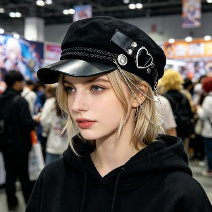 Women’s Black Newsboy Cap Gothic Beret with Chain Heart Buckle/Crown Accents Flat Top Visor Baker Boy Sailor Hat - color: Black With Heart Buckle Chain