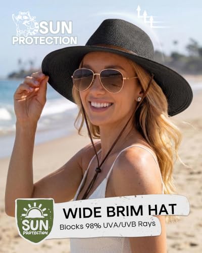 FURTALK Sun Hat Panama Fedora Straw Beach Hat with Wind Lanyard UPF - color: Black, size: Large-X-Large