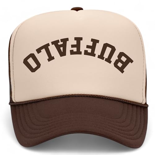 Buffalo Upside Down Reversed Vintage Trucker Hat | Premium Adjustable Snapback Baseball Hat for Men & Women - color: Brown/Tan Foam Mesh Back