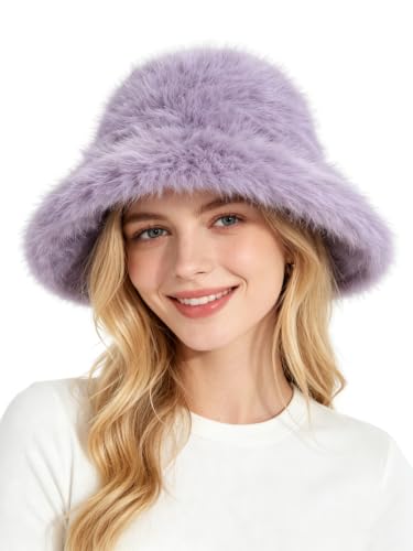 Lina & Lily Oversized Winter Faux Fur Bucket Hat for Women - Long Pile Fur Wide Moldable Brim - color: Lavender