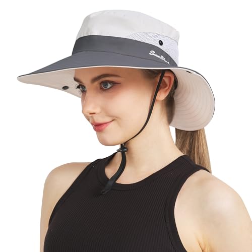 NPJY Ponytail Sun Hats for Women Men Wide Brim UPF Fishing Bucket Hat - color: Beige/Grey(ponytail Hole)