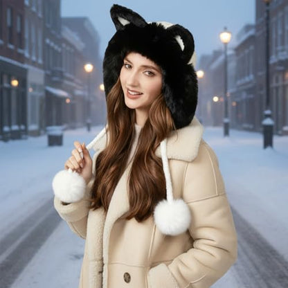 Women Winter Sherpa Beanie Hats Knit Ear Flap Hat Fleece Lined - color: Cream White With Ear