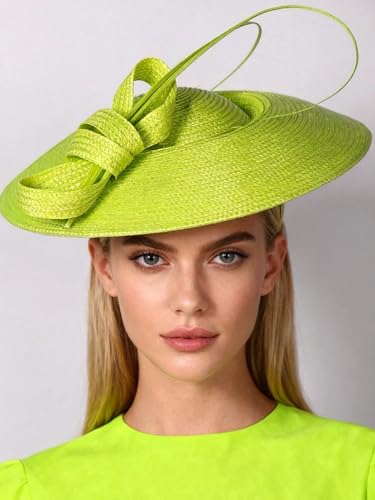 Vintage Fascinators Pillbox Hat for Women Straw Fedora Wide Brim Ladies Church Sinamay Derby Hats - color: Fluorescent Green