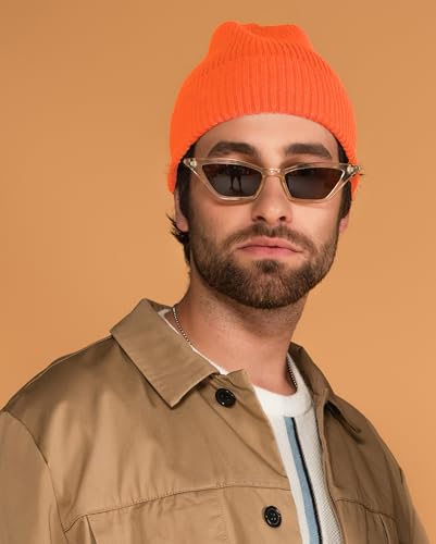 KBETHOS Made in USA Classic Men's Women's Cuffed Folded Acrylic Knit Beanie Hat Solid Unisex Cold - color: Neon Orange Solid Long Beanie