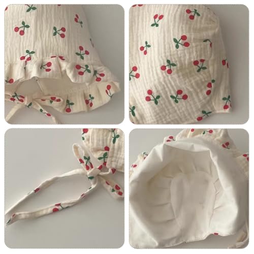 Lovely Baby Girl Bonnet Soft Ruffle Brimmed Newborn Baby Beanie - color: Red Cherry & Red Small Flowers