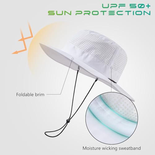 UPF 50+ Bucket Sun Hat with Laser Perforated Mesh Cooling Adjustable Breathable Lightweight for Outdoor Men Women - color: White & Light Grey