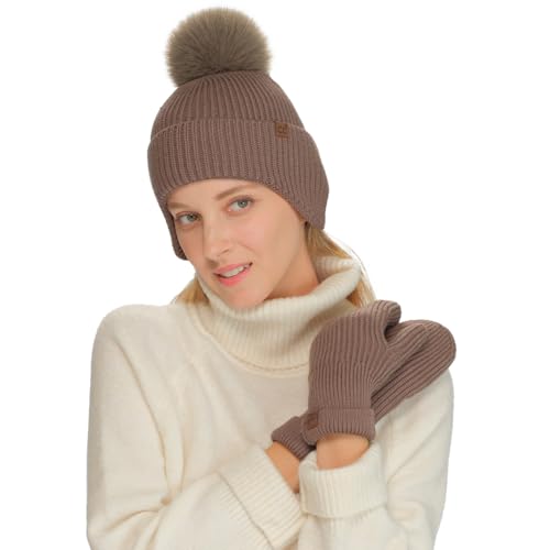 C.C Sequin Pom Beanie for Women - Acrylic Stretchable Soft Warm Knit Winter Skully Hat with Yarn Pom - color: Earflap-mocha