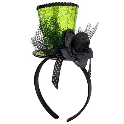 WLBON Halloween Mini Top Hat Headband 1920s Flower Sequins Hair Hoops Bands Fascinator Headpiece Hairband Women Christmas Holiday Festival Parade Cosplay Dress Up Birthday Tea Party Accessories Green - color: Green Tone