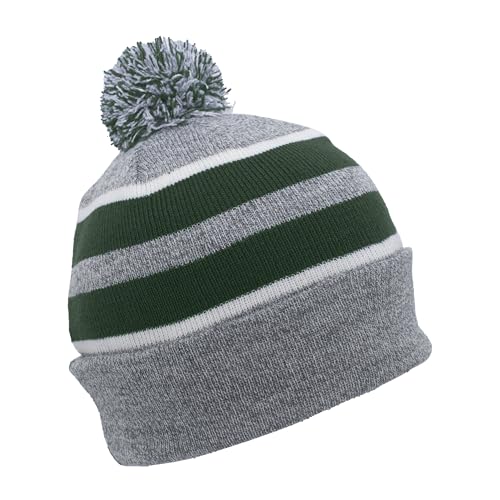 Pacific Headwear Unisex Adult Pacific Headwear Knit Fold Over Pom-pom Beanie - color: Heather/Dark Green/White, size: One Size