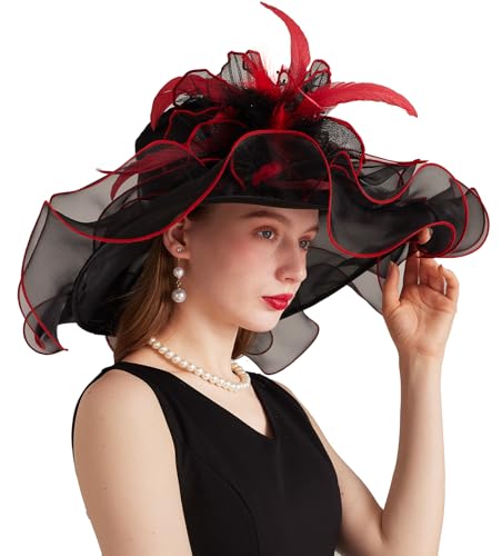 ORIDOOR Women Hats Headband Hairpin Organza Fascinator Church Hat Floral Tea Party Wedding Hat - color: 006 Black and Red