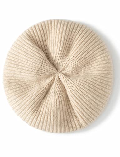 Cashmere Berets Hats Women Winter Warm Merino Wool Knitted Oversized Beige Beanie - color: Beige