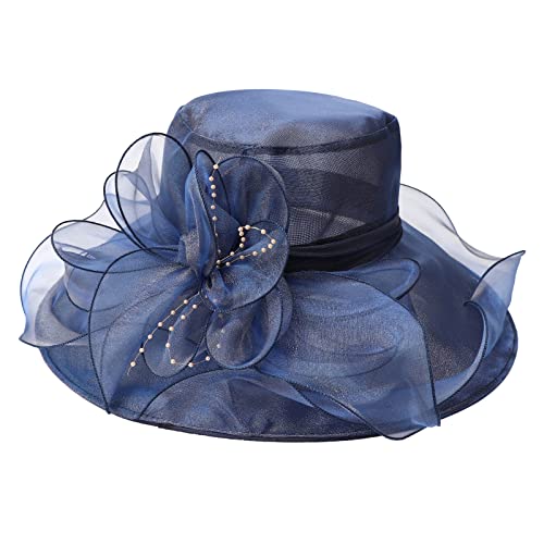 DRESHOW Women Organza Hat Church Cap Hats Clearance Kentucky Derby Cocktail Tea Party Wedding Flower Hat with Wide Brim - color: A Navy Blue Ab