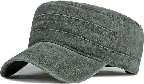 Cadet Army Cap Washed Military Army Hat Vintage Flat Top Hat for Women Men - color: Light Green
