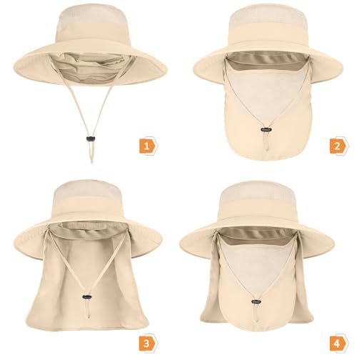 ZOORON Sun Hats for Men Women with Neck Flap Fishing UPF 50+ UV Protection - color: Beige (With Face Cover)
