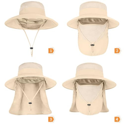 ZOORON Sun Hats for Men Women with Neck Flap Fishing UPF 50+ UV Protection - color: Beige (With Face Cover)