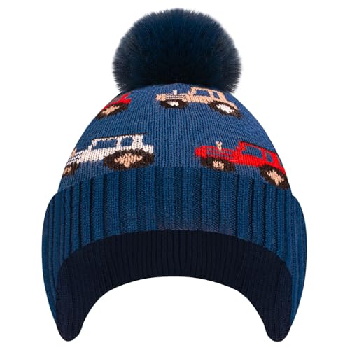 Kids Winter Beanie Hat Boys Toddler Knitted Pom Hat Earflap Fleece Lining Ages 3-12 - color: Blue, size: 7-12 Years