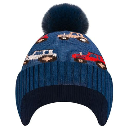 Kids Winter Beanie Hat Boys Toddler Knitted Pom Hat Earflap Fleece Lining Ages 3-12 - color: Blue, size: 7-12 Years