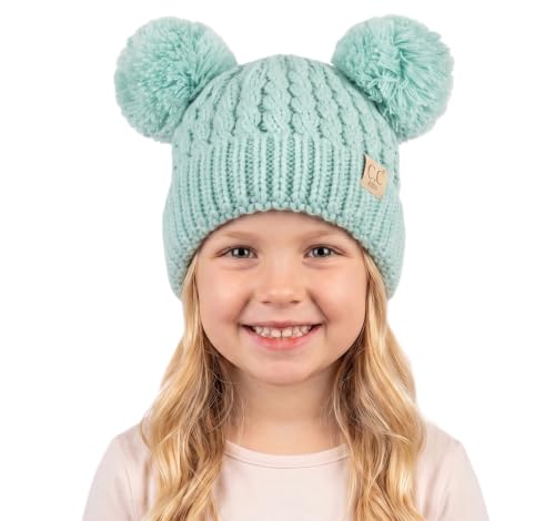 C.C Kids' Cable Knit Double Pom Beanie for Kids - Comfortable Soft Warm Children Skully Hat with Pom - color: Yarn Pom Mint