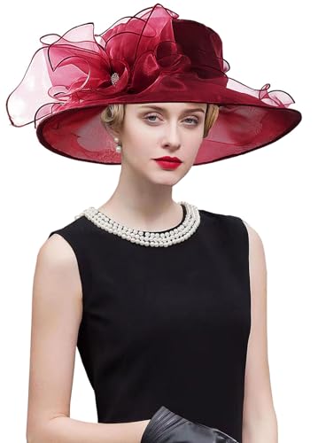 Women's Kentucky Derby Church Dress Hat Wide Brim Leaf Flower Bridal Shower Hat - color: J1-burgundy