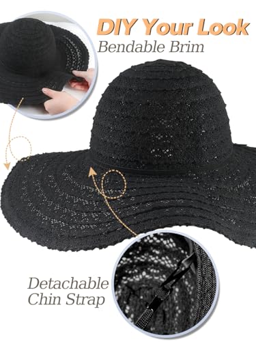 Sun Beach Hats for Women Summer Floppy Wide Brim Sunhat Packable Foldable Lace Travel Vacation - color: Black, size: Medium