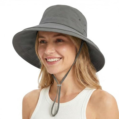 Women Summer Wide Brim Sun Hat UV Protection Ponytail Hole Waterproof Foldable Bucket Hat for Beach Hiking Travel - color: Gray