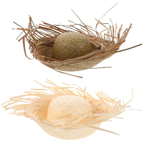 VOSAREA 2pcs Hawaiian Straw Hat Woven Bucket Sun Hat - Summer Beach Party Headwear- Lightweight Tropical Vacation Sunshade