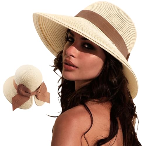 DRESHOW Sun Hats for Women Travel Fedora Foldable Beach Sun Hat Summer Wide Brim Straw Bucket Hat with Bowknot UPF 50+ - color: 1 Pack Bowknot Straw Hat: Beige With Brown Band
