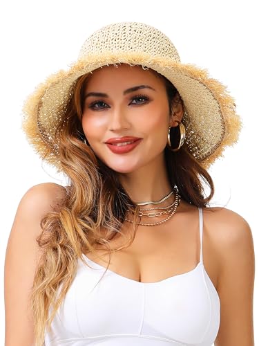 LA CARRIE Womens Sun Hat Floppy Packable Wide Brim UV Protection UPF 50+ Straw Hat with Fringe for Summer Beach - color: Beige