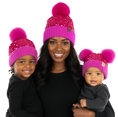 Funky Junque Mommy & Me Double Pom Beanies 3-Pack Matching Winter Hats for Mom, Toddler & Infant Girls, Cozy Knit Family Set - color: Sequin - Hot Pink