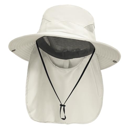 NPJY Sun Fishing Hats with Neck Flap for Men Women UV Sun Protection - color: Pure Beige(with Neck Flap)