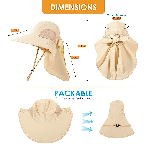 Womens Sun Hat UV Protection, Foldable Waterproof Wide Brim Bucket Hats with Neck Flap for Summer Beach Fishing Hiking - color: Beige