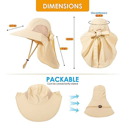 Womens Sun Hat UV Protection, Foldable Waterproof Wide Brim Bucket Hats with Neck Flap for Summer Beach Fishing Hiking - color: Beige