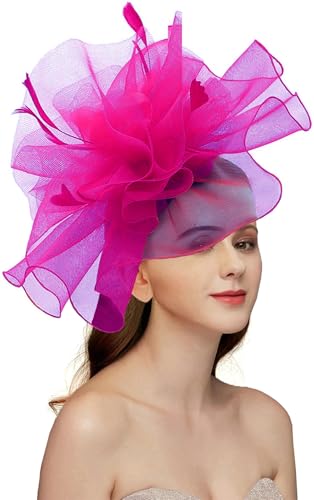 Women's Fascinators Hat for Women Tea Party Headband Wedding Cocktail Flower Mesh Feathers Hair Clip - color: 01 Rosered
