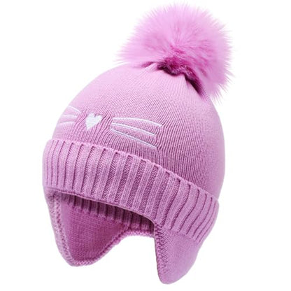 Girls Beanie Knit Hat with Ear Flaps Rainbow Cat Hats Toddler Kids Winter Outdoor Skull Snow Ski Cap Age 2-10 - color: Purple, size: 2-4T