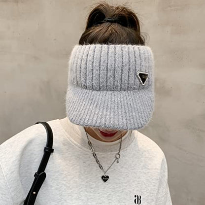 Open Beanie with Earflaps Visor Brim Bun Ponytail Winter Golf Tennis Hats Women - color: Grey