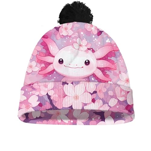 Girls Boys Winter Warm Knit Beanie Pompom Elasticity Slouchy Hat Skull Caps for Childrens - color: Cherry Blossom Axolotl