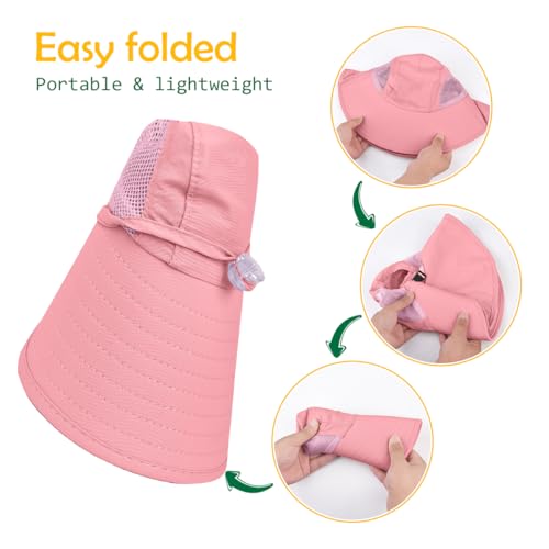 Kids Sun Hat UPF50+ Summer Beach Play Sun Protection Hats with Neck Flap for Ages 5~14 Girls Boys - color: Pink