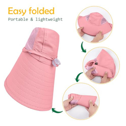 Kids Sun Hat UPF50+ Summer Beach Play Sun Protection Hats with Neck Flap for Ages 5~14 Girls Boys - color: Pink