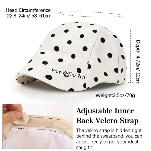Stylish Newsboy Cap Soft Foldable Flat Cap for Big Heads - color: White With Polka Dot